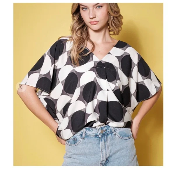 45 Boho Color Block Pattern Tunic Blouse Top - Picture 2 of 4